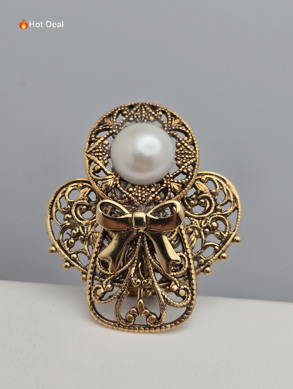 Angel of Love Faux Pearl Filigree Guardian Angel Brooch Gold Tone 1.8 "